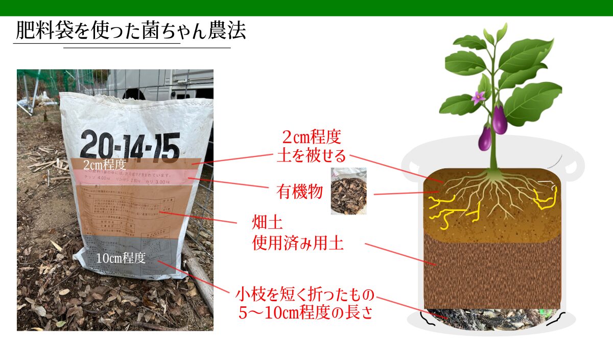 菌ちゃん農法 肥料袋の中身
断面図